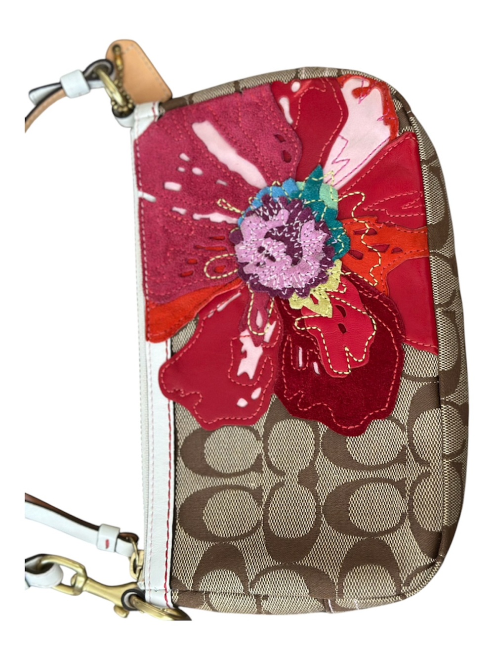Coach Brown Signature Canvas Wristlet with Red & Pink Floral Appliqué